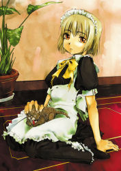 Rule 34 | 1girl, :o, apron, arm support, black dress, blonde hair, bow, bowtie, buttons, cat, choker, dress, expressionless, flower pot, kazumiya akira, maid, maid apron, original, parted lips, plant, potted plant, red eyes, short hair, short sleeves, sitting, solo, tile floor, tiles, wariza, yellow bow