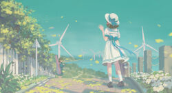 Rule 34 | 2girls, absurdres, back bow, black footwear, blue bow, blue sky, bow, brown hair, charm (object), commentary request, day, facing away, falling leaves, fence, flower, from behind, guitar case, hair bow, hand up, hat, hat bow, highres, holding, holding suitcase, hyxifeng, instrument case, leaf, looking at another, looking back, medium hair, multiple girls, ocean, original, outdoors, picket fence, pink bow, plant, pleated skirt, puffy short sleeves, puffy sleeves, road, road sign, sailor collar, scenery, school uniform, shirt, shoes, short sleeves, sign, skirt, sky, socks, standing, suitcase, tree, waving, white flower, white headwear, white sailor collar, white shirt, white skirt, white socks, wind turbine, windmill, wooden fence