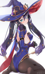 Rule 34 | 1girl, acco (sh in), ass, backless outfit, black gloves, black hair, black pantyhose, blue eyes, blush, bodysuit, breasts, cape, female focus, from behind, genshin impact, gloves, hat, highres, kneeling, long bangs, long hair, long sleeves, looking at viewer, medium breasts, mona (genshin impact), on floor, pantyhose, sitting, twintails, very long hair, white background, witch, witch hat