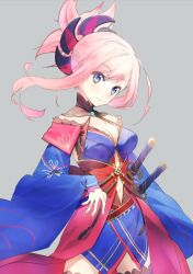 Rule 34 | 1girl, blue kimono, breasts, cleavage, closed mouth, clothing cutout, cowboy shot, eka eri, fate/grand order, fate (series), grey background, hair ornament, halterneck, japanese clothes, kimono, looking at viewer, medium breasts, medium hair, miyamoto musashi (fate), miyamoto musashi (third ascension) (fate), navel cutout, pink hair, ponytail, sheath, sheathed, simple background, smile, solo, sword, weapon, wide sleeves