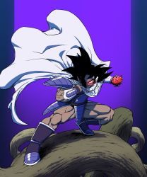 Rule 34 | 1boy, absurdres, armor, artist request, black hair, boots, cape, clenched hand, dark-skinned male, dark skin, dragon ball, dragonball z, evil smile, fighting stance, food, fruit, full body, gradient background, grin, highres, looking at viewer, male focus, mature male, muscular, muscular male, purple theme, saiyan armor, scouter, shaded face, simple background, smile, solo, spiked hair, squatting, thick thighs, thighs, tree, tullece, veins