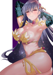Rule 34 | 1girl, absurdres, armor, ass, bikini armor, blush, breasts, cleavage, collar, earrings, fate/grand order, fate (series), flower, hair ribbon, highres, jewelry, kama (fate), kama (third ascension) (fate), large breasts, long hair, looking at viewer, lotus, metal collar, musicatopos, navel, pink ribbon, red eyes, red ribbon, ribbon, silver hair, smile, solo, thighlet