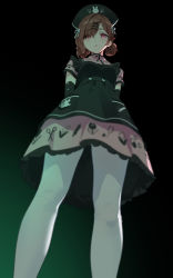 Rule 34 | 1girl, alternate costume, backlighting, blouse, breast pocket, commentary, dress, from below, hair ornament, hairclip, hat, highres, higuchi madoka, idolmaster, idolmaster shiny colors, looking at viewer, looking down, mole, mole under eye, nurse, nurse cap, pantyhose, parted bangs, pinafore dress, pink shirt, pocket, shirt, short sleeves, short twintails, simple background, sleeveless, sleeveless dress, solo, standing, swept bangs, symbol-only commentary, tagme, thighs, twintails, white pantyhose, x hair ornament, yd (orange maru)