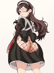 Rule 34 | 1girl, adapted costume, apron, ass, ass cutout, black bow, black dress, blush, bow, breasts, brown eyes, brown hair, butt crack, clothing cutout, cowboy shot, dress, eyepatch, fishnets, frilled apron, frills, from behind, highres, idolmaster, idolmaster million live!, idolmaster million live! theater days, kitazawa shiho, long hair, looking at viewer, maid, maid apron, maid day, maid headdress, medium breasts, nekoi mie, open mouth, simple background, solo, victorian maid, white apron, white background