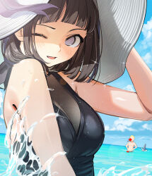 Rule 34 | 1boy, 1girl, aroused nosebleed, black hair, black one-piece swimsuit, blue sky, c-eye, cloud, day, hat, hyuuga hinata, naruto, naruto (series), naruto shippuuden, ocean, one-piece swimsuit, one eye closed, purple eyes, shark fin, sky, sun hat, swimsuit, uzumaki naruto, water