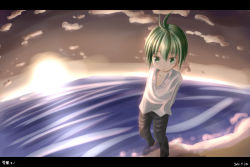 Rule 34 | 00s, ahoge, androgynous, arms behind back, artist request, beach, cloud, dated, dress shirt, gender request, green eyes, green hair, kino (kino no tabi), kino no tabi, matching hair/eyes, ocean, open collar, shirt, solo, sunset, water