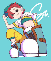 Rule 34 | 1boy, 37 pe, aqua background, aqua footwear, baseball cap, black eyes, from below, green hat, hat, highres, looking at viewer, male focus, no nose, original, red hair, shirt, shoes, short hair, short sleeves, smile, solo, strap slip, white shirt, yellow overalls