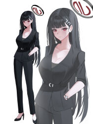 Rule 34 | 1girl, absurdres, adapted costume, black footwear, black hair, black pants, blue archive, blush, breasts, cleavage, closed mouth, collarbone, hee (user ykux4248), high heels, highres, large breasts, long hair, looking at viewer, pants, red eyes, rio (blue archive), simple background, solo, watch, white background, wristwatch, zoom layer
