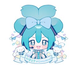 Rule 34 | 1girl, :d, aki (381026), aqua hair, aqua necktie, black sleeves, blue bow, blue eyes, bow, character name, chibi, chinese commentary, cinnamiku, cinnamoroll, collared shirt, commentary request, cosplay, detached sleeves, ear bow, grey shirt, hair between eyes, hair bow, hands up, hatsune miku, hatsune miku (cosplay), highres, necktie, no nose, open mouth, sanrio, shirt, simple background, smile, star (symbol), v-shaped eyebrows, vocaloid, white background