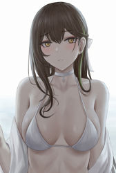 Rule 34 | 1girl, backlighting, bare shoulders, bikini, bikini under clothes, blush, breasts, brown eyes, chinese commentary, choker, cleavage, commentary request, girls&#039; frontline, green hair, hair ornament, half updo, highres, large breasts, long hair, looking at viewer, m4a1 (girls&#039; frontline), medium breasts, mixed-language commentary, multicolored hair, parted lips, selcky, sideboob, smile, streaked hair, swimsuit, upper body, white background, white bikini, white choker