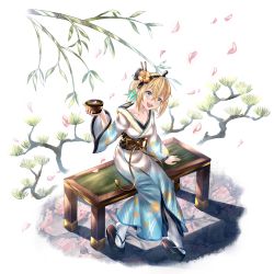 Rule 34 | 1girl, absurdres, amano pikamee, bench, blonde hair, cup, geta, green eyes, highres, honkivampy, japanese clothes, kimono, long sleeves, open mouth, petals, sharp teeth, short hair, sitting, smile, solo, teeth, branch, virtual youtuber, voms, white background