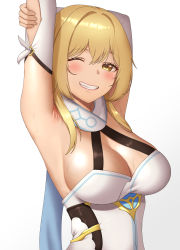 Rule 34 | 1girl, 1nilla&#039;, absurdres, armpits, bare shoulders, blush, breasts, cleavage, commentary, dress, english commentary, genshin impact, grin, highres, large breasts, lumine (genshin impact), off-shoulder dress, off shoulder, one eye closed, scarf, short hair with long locks, simple background, smile, solo, sweat, teeth, upper body, white background, white dress, white scarf, yellow eyes