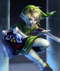 Rule 34 | 1boy, bad id, bad pixiv id, blonde hair, blue eyes, gloves, hat, holding, holding sword, holding weapon, hylian shield, link, male focus, nintendo, pillar, pointy ears, rokuro (ryvius), shield, signature, solo, sword, the legend of zelda, weapon