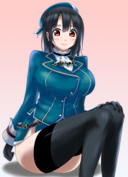 Rule 34 | 1girl, ascot, beret, black gloves, black hair, black thighhighs, blue hat, blue jacket, blue skirt, blush, breasts, collared shirt, garter straps, gloves, gradient background, hair between eyes, hat, highres, jacket, kantai collection, large breasts, long sleeves, looking at viewer, military, military uniform, miniskirt, no panties, pink background, red eyes, ryuusama, shirt, short hair, sitting, skirt, solo, takao (kancolle), thighhighs, uniform, white shirt