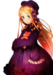 Rule 34 | 1girl, abigail williams (fate), black dress, black hat, blonde hair, blush, bow, dress, fate/grand order, fate (series), green eyes, hair bow, hat, hugging object, long hair, looking at viewer, nanasumi (pantie party project), orange bow, parted bangs, purple bow, simple background, sleeves past fingers, sleeves past wrists, solo, stuffed animal, stuffed toy, teddy bear, very long hair, white background