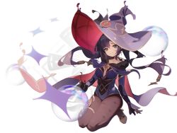Rule 34 | 1girl, black gloves, breasts, bubble, gem (symbol), earrings, full body, genshin impact, gloves, hat, highres, jewelry, leotard, long hair, long sleeves, looking at viewer, mona (genshin impact), pantyhose, purple hair, simple background, smile, solo, thighs, white background, witch hat