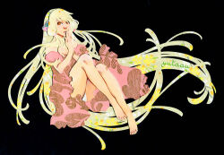 Rule 34 | 1girl, absurdly long hair, animal ears, artist name, bare legs, bare shoulders, barefoot, black background, blonde hair, brown eyes, chii, chobits, clenched hand, commentary, dress, english commentary, floral print, full body, hand on own chest, hand on own face, long hair, looking at viewer, open mouth, panties, pantyshot, pink dress, pink sleeves, short dress, short sleeves, simple background, solo, toes, underwear, very long hair, white panties, yutaan