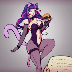 Rule 34 | 1girl, absurdres, animal ears, bell, blunt bangs, breasts, burger, cat ears, cat tail, collar, condom, condom wrapper, food, gloves, heart, highres, holding, holding plate, kittysuit, leotard, looking at viewer, midriff, my little pony, my little pony: friendship is magic, navel, neck bell, nontraditional playboy bunny, open mouth, pantyhose, personification, plate, playboy bunny, purple eyes, purple hair, scorpdk, sidelocks, smile, tail, twilight sparkle
