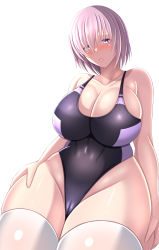 Rule 34 | 1girl, :o, absurdres, black one-piece swimsuit, blush, breasts, cameltoe, cleavage, collarbone, commentary request, competition swimsuit, covered navel, curvy, fate/grand order, fate (series), hand on own thigh, highres, kanna (minamozuki), large breasts, looking at viewer, mash kyrielight, one-piece swimsuit, open mouth, purple eyes, purple hair, shiny skin, short hair, simple background, solo, stomach, swimsuit, taut clothes, taut swimsuit, thick thighs, thighhighs, thighs, white background, wide hips