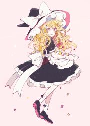 Rule 34 | 1girl, apron, blonde hair, bow, braid, closed mouth, commentary request, frilled apron, frills, full body, hair bow, hat, hat bow, highres, kirisame marisa, long hair, looking at viewer, mozukuzu (manukedori), pink background, pink bow, puffy short sleeves, puffy sleeves, shoes, short sleeves, side braid, smile, socks, solo, star (symbol), touhou, very long hair, wavy hair, white apron, white bow, white socks, witch hat, wrist cuffs, yellow eyes
