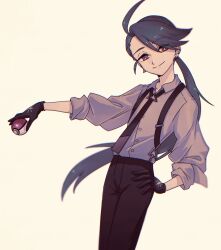 Rule 34 | 1girl, ahoge, black gloves, black necktie, black pants, blurry, bright pupils, buttons, closed mouth, collared shirt, commentary request, creatures (company), earrings, game freak, gloves, grey shirt, hand on own hip, highres, holding, holding poke ball, jewelry, long hair, looking down, mozu (teluto), necktie, nintendo, pants, poke ball, poke ball (basic), pokemon, pokemon sv, ponytail, rika (pokemon), shirt, sleeves rolled up, smile, solo, stud earrings, suspenders, white pupils