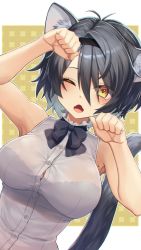 Rule 34 | 1girl, animal ear fluff, animal ears, black bow, black bowtie, black hair, black hairband, blush, bow, bowtie, brown eyes, cat ears, cat tail, dutch angle, fangs, female focus, grey hair, hair between eyes, hairband, highres, looking at viewer, mitake eil, mole, multicolored hair, one eye closed, open mouth, original, paw pose, short hair, sleeveless, solo, tail, two-tone hair, upper body