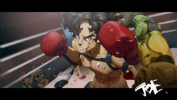 Rule 34 | 3boys, abs, black hair, blood, blood on face, boxing gloves, boxing ring, brown eyes, character name, cheese kang, eyepatch, gloves, hat, highres, joe (megalo box), letterboxed, looking at viewer, male focus, megalo box, multiple boys, nanbu gansatsu, punching, red gloves, sachio (megalo box), scar, standing, sweat, tan