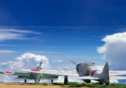 Rule 34 | a6m zero, absurdres, aircraft, airplane, cloud, day, highres, kantai collection, military, military vehicle, propeller, runway, sky, soranokakera01, taking off, vehicle focus, world war ii