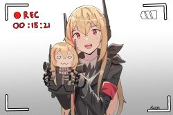 Rule 34 | + +, 1girl, :d, absurdres, armband, bandana, black jacket, blonde hair, gar32, girls&#039; frontline, gradient background, headgear, highres, holding, jacket, long hair, long sleeves, looking at viewer, m4 sopmod ii (girls&#039; frontline), m4 sopmod ii jr, mechanical arms, multicolored hair, open mouth, recording, red eyes, signature, smile, solo, streaked hair, upper body, very long hair, viewfinder, yellow pupils