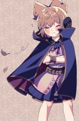 Rule 34 | 1girl, belt, blush, bracelet, brown background, brown eyes, brown hair, cape, closed mouth, commentary request, crossed arms, earmuffs, highres, jewelry, looking at viewer, one eye closed, pointy ears, purple cape, purple skirt, skirt, solo, stella (pokopokobanana), touhou, toyosatomimi no miko