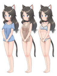 Rule 34 | 1girl, absurdres, aina (mao lian), animal ear fluff, animal ears, bare arms, bare legs, bare shoulders, barefoot, black choker, blue eyes, blue shirt, blush, bra, breasts, cat ears, cat tail, choker, closed mouth, grey bra, grey hair, grey panties, highres, long hair, mao lian (nekokao), multiple views, naked shirt, navel, original, panties, parted bangs, rags, shirt, short sleeves, simple background, slave clothes, small breasts, standing, tail, underwear, underwear only, v arms, wavy mouth, white background