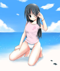 Rule 34 | 1girl, bad id, bad pixiv id, barefoot, beach, black eyes, black hair, blouse, crab, day, ikuya@, kneeling, long hair, one-piece swimsuit, one eye closed, original, shirt, solo, swimsuit, swimsuit under clothes, wink