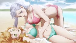 Rule 34 | 2girls, all fours, ass, bare arms, bare shoulders, beach, bikini, black clover, blush, breasts, cleavage, cloud, curvy, embarrassed, female focus, girl on top, green bikini, highres, hip focus, large breasts, legs, long hair, looking at viewer, lying, mimosa vermillion, multiple girls, navel, noelle silva, ocean, open mouth, orange hair, outdoors, pink bikini, purple eyes, sand, silver hair, sky, stomach, swimsuit, tagme, teeth, thick thighs, thighs, tongue, twintails, wide hips, yellow eyes, yuri