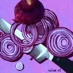 Rule 34 | alt text, commentary, english commentary, food, food focus, highres, knife, marlowe-art, no humans, onion, original, purple background, red onion, signature, tumblr username, vegetable