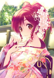 Rule 34 | 1girl, absurdres, amazuyu tatsuki, brown eyes, closed mouth, day, floral print, hair ornament, highres, japanese clothes, kimono, long sleeves, looking at viewer, outdoors, parted lips, red hair, scan, solo, to heart (series), to heart 2, wide sleeves