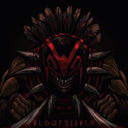 Rule 34 | 1boy, black background, blood, bloodseeker (dota), bloody weapon, bone necklace, character name, dota (series), dota 2, dual wielding, facing viewer, feathers, grin, holding, male focus, muscular, muscular male, scorpionork, smile, solo, teeth, upper body, weapon
