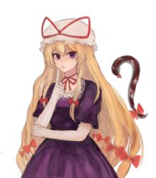 Rule 34 | 1girl, 83mkneinlsqmebq, blonde hair, bow, choker, commentary request, dress, elbow gloves, gap (touhou), gloves, hair bow, hat, hat ribbon, highres, long hair, looking at viewer, mob cap, open mouth, purple dress, purple eyes, red bow, red ribbon, ribbon, ribbon choker, short sleeves, solo, touhou, white background, white gloves, yakumo yukari