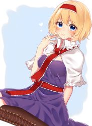 Rule 34 | 1girl, absurdres, alice margatroid, bad id, bad pixiv id, blonde hair, blue background, blue dress, blue eyes, blush, boots, border, breasts, brown footwear, capelet, commentary request, cross-laced footwear, dress, feet out of frame, frilled hairband, frills, hair between eyes, hairband, hand up, heart, highres, knee boots, lace-up boots, lolita hairband, looking at viewer, medium breasts, outside border, red hairband, red neckwear, red sash, sash, shinonome asu, short hair, sitting, smile, solo, touhou, wariza, white border, white capelet, wing collar