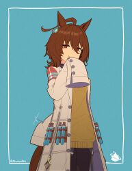 Rule 34 | 1girl, absurdres, agnes tachyon (umamusume), ahoge, animal ears, artist logo, artist name, blue background, blush, bow, bowtie, breasts, brown hair, buttons, chemistry, clenched hands, coat, cowboy shot, earrings, fingernails, hair between eyes, hair intakes, highres, holding, horse ears, horse girl, horseshoe ornament, jewelry, lab coat, large breasts, long fingernails, long sleeves, looking at viewer, medium hair, mouhantain, off shoulder, open clothes, open coat, open mouth, pleated skirt, purple bow, purple bowtie, purple shirt, red eyes, sailor collar, school uniform, serafuku, shirt, simple background, single earring, skirt, sleeves past fingers, sleeves past wrists, solo, standing, table, tracen school uniform, two-tone shirt, umamusume, upper body, white coat, white sailor collar, white shirt, white skirt, wide sleeves, zipper