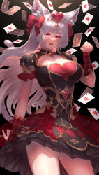 1girl, :d, absurdres, animal ear fluff, animal ears, bangs, black background, black dress, bow, bracer, breasts, cat ears, cat girl, cat tail, cleavage, cleavage cutout, clothing cutout, cowboy shot, dress, eyelashes, gold hairband, hair between eyes, hair bow, hairband, highres, king&#039;s raid, kirze, large breasts, long hair, looking at viewer, looking down, open mouth, paw pose, playing card print, playing card theme, puffy short sleeves, puffy sleeves, red eyes, short dress, short sleeves, silver hair, smile, solo, swept bangs, tail, yu mochi (kamiinu)