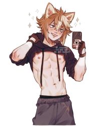 Rule 34 | 1boy, abs, animal ears, bad link, black hoodie, brown hair, cawchan, cellphone, clothes lift, crop top, dog boy, dog ears, fangs, genshin impact, gorou (genshin impact), green eyes, grey pants, hair between eyes, highres, holding, holding phone, hood, hoodie, iphone, iphone 11 pro, male focus, male underwear, multicolored hair, muscular, muscular male, navel, nipples, open mouth, pants, phone, shirt lift, simple background, smartphone, smile, solo, source request, teeth, underwear, white background, white hair, white male underwear