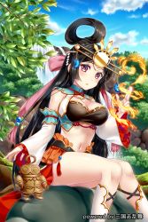 Rule 34 | 1girl, :o, bare shoulders, black hair, blue sky, branch, breasts, cleavage, cloud, cloudy sky, crop top, day, detached sleeves, doguu, feet out of frame, frilled sleeves, frills, hair ribbon, hair rings, hakuda tofu, hand up, headgear, highres, jewelry, kneehighs, knees together feet apart, long hair, long sleeves, looking at viewer, magic, medium breasts, midriff, miniskirt, nature, navel, official art, outdoors, parted lips, pink ribbon, purple eyes, red skirt, ribbon, rock, sangokushi ranbu, shide, sidelocks, sitting, skirt, sky, sleeves past wrists, socks, solo, stomach, tassel, taut clothes, thighs, very long hair, water, waterfall, watermark, white socks, wide sleeves