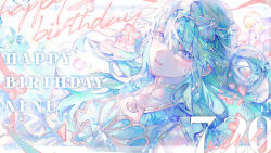 Rule 34 | 1girl, absurdres, aqua hair, aqua theme, artist name, birthday, character name, colored eyelashes, dated, detached collar, dutch angle, english text, floating hair, flower, framed cleavage, grin, hair between eyes, hair ornament, happy birthday, highres, jewelry, kusanagi nene, light blush, light smile, long hair, looking at viewer, low-tied sidelocks, mermaid ni akogarete (project sekai), necklace, official alternate costume, official art, orokudesu, parted lips, pink flower, project sekai, purple eyes, seashell, shell, shell hair ornament, shell necklace, signature, smile, solo, star (symbol), star hair ornament, upper body, water drop, watercolor effect