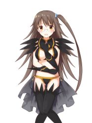 Rule 34 | 1girl, absurdres, bikini, black thighhighs, blush, brown hair, cosplay, embarrassed, glasses, hair bobbles, hair ornament, highres, kazakiri hyouka, long hair, looking at viewer, official art, open mouth, side ponytail, simple background, solo, swimsuit, thighhighs, toaru majutsu no index, uchi no hime-sama ga ichiban kawaii, very long hair, white background, yon (letter)