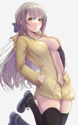 Rule 34 | 1girl, black bow, black footwear, black thighhighs, bow, breasts, expressionless, fujino shiroha, grey background, grey hair, hair between eyes, hair bow, hands in pockets, highres, hood, hood down, hoodie, jacket, long hair, looking at viewer, medium breasts, naked hoodie, naked jacket, navel, nue no onmyouji, okina (805197), parted lips, partially unzipped, shoes, sneakers, solo, thighhighs, very long hair, yellow eyes, yellow hood, yellow jacket