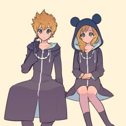 Rule 34 | 1boy, 1girl, black coat, black coat (kingdom hearts), black gloves, black pants, blonde hair, blue eyes, blush, coat, commentary request, finger to face, gloves, hood, hooded jacket, hoodie, jacket, kingdom hearts, kingdom hearts 358/2 days, kingdom hearts ii, medium hair, mickey mouse ears, namine, organization xiii, pants, roxas, simple background, sitting, smile, vocon