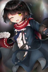 Rule 34 | 1boy, absurdres, black hair, black pants, blue coat, coat, commentary, earrings, eyes visible through hair, fang, hair ornament, hairclip, highres, jewelry, long scarf, looking at viewer, mashiro meme, mkr nk, nijisanji, one eye closed, open mouth, pants, red scarf, scarf, shirt, short hair, sleeves rolled up, suspenders, trap, virtual youtuber, white shirt, yellow eyes
