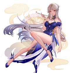 Rule 34 | blue collar, blue dress, blue footwear, breasts, claw ring, cleavage, collar, dress, fur-trimmed sleeves, fur trim, genshin impact, hair ears, hair ornament, hair tassel, half updo, high heels, highres, holding, holding smoking pipe, large breasts, multicolored clothes, multicolored dress, nevercrymoon, ningguang (genshin impact), ningguang (orchid&#039;s evening gown) (genshin impact), official alternate costume, parted bangs, red eyes, side slit, simple background, smoking pipe, tassel, tassel hair ornament, white background