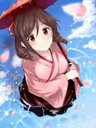 Rule 34 | 10s, 1girl, bad id, bad pixiv id, blue sky, blush, brown hair, cloud, cloudy sky, day, destroyer, drill hair, from above, hair between eyes, harukaze (kancolle), holding, holding umbrella, japanese clothes, kantai collection, kimono, long sleeves, looking up, meiji schoolgirl uniform, military, military vehicle, nagiha kuten, oil-paper umbrella, outdoors, partially submerged, petals, petals on liquid, pink kimono, red eyes, reflection, ringlets, ship, sky, smile, solo, standing, umbrella, wading, warship, watercraft, wide sleeves