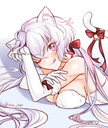 Rule 34 | 1girl, alternate costume, animal ears, axia-chan, breasts, cat ears, cat tail, cleavage, closed mouth, elbow gloves, gloves, grey hair, hair ribbon, highres, large breasts, long hair, lying, on stomach, one eye closed, purple eyes, red ribbon, ribbon, senki zesshou symphogear, tail, tail ornament, tail ribbon, tongue, tongue out, twintails, twitter username, white gloves, white hair, yukine chris